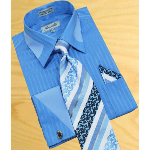Fratello Sky Blue Shadow Stripes With Baby Blue Trimming Shirt/Tie/Hanky Set With Free Cuff links FRV4104